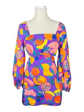 Farm Rio Poplin Mini Dress Violet Purple Mixed Fruit Cutout Long Sleeve S
